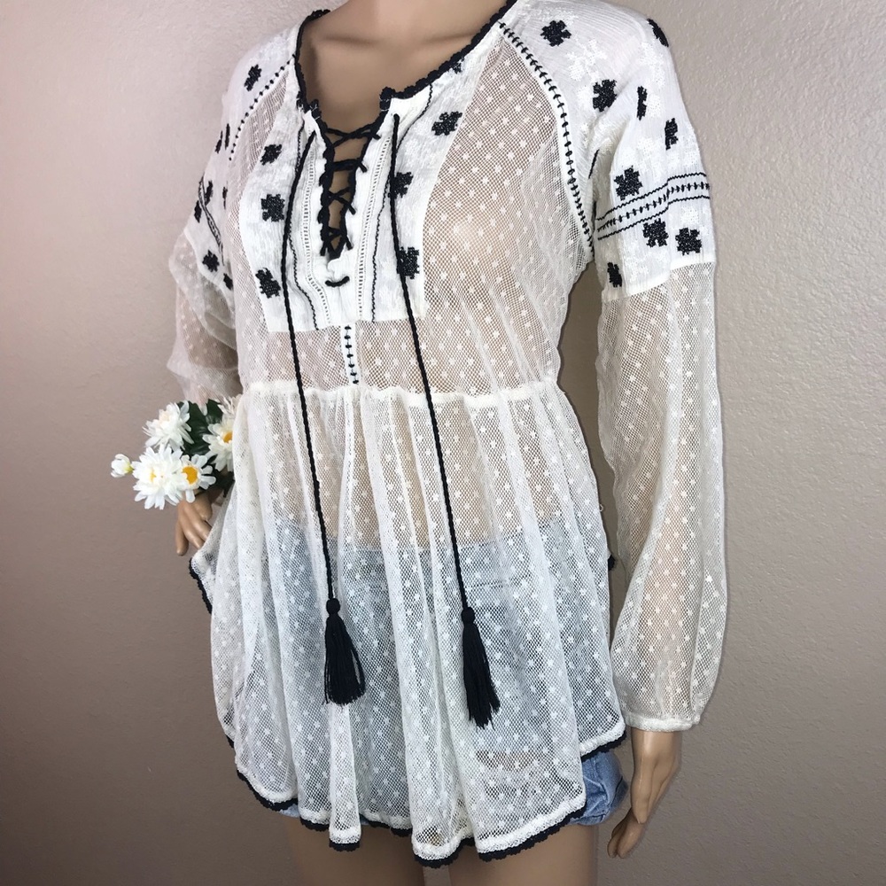 Free People Embroidered Gauzy Peasant Top Stardust - Picture 5 of 8